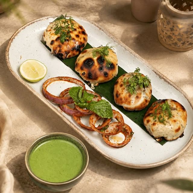 A tandoor-charred platter with herbs, onion rings and green chutney at Ouza